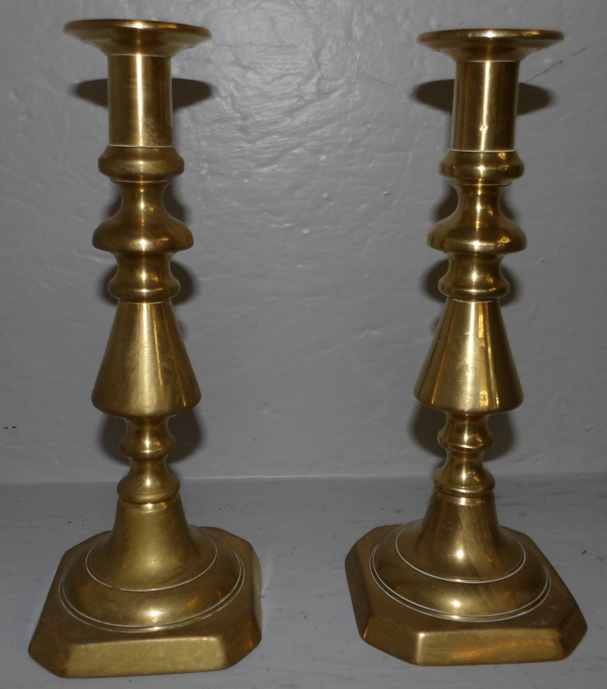 Pair of 19th Century Brass Push Up Candle Sticks : Pair of 19th Century Brass Push Up Candle Sticks . 10 1/2" H 4" Dia.