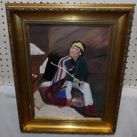 Framed Oil on Canvas Portrait of Native American Artist Signed