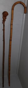 Antique Carved Root Form Handle Walking Stick & Antique Bamboo Walking Cane