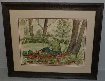 Mid Century Watercolor of Woman Working in Flower Garden Artist Signed