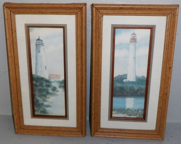 Pair of Framed & Matted Watercolors of Coastal Lighthouses Artist Signed