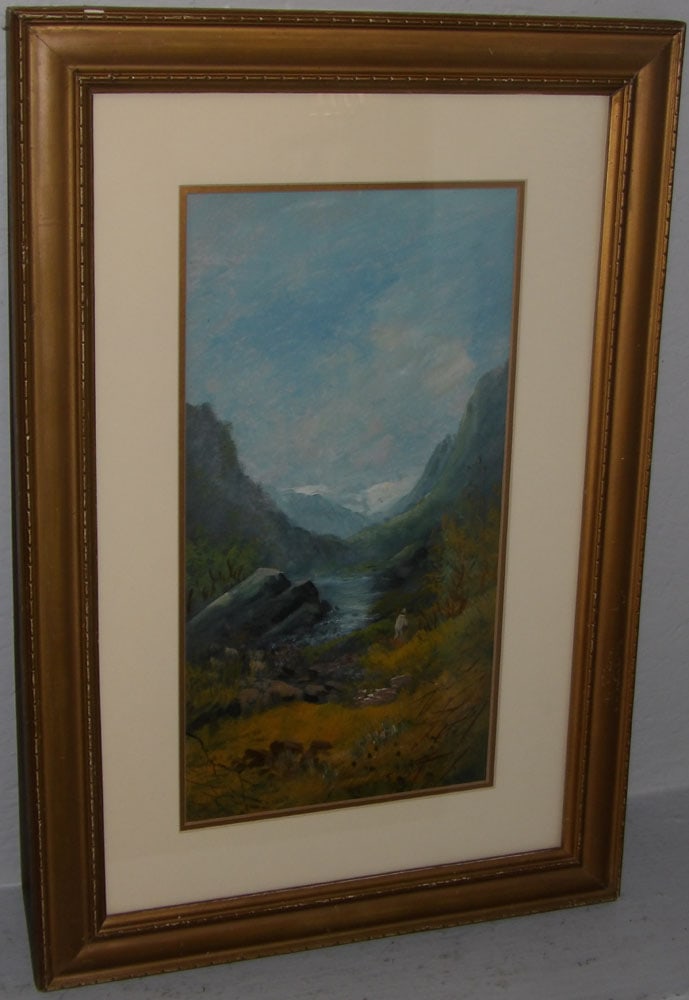 Antique Oil Painting of a European Mountain & River Scene with Man Hiking in Gilded Frame: Antique Oil Painting of a European Mountain & River Scene with Man Hiking in Gilded Frame. 25 1/2" x 17 1/2"