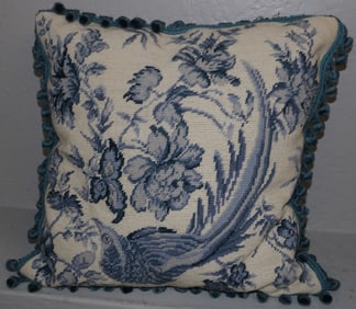 Blue & White Needlepoint Pillow with Pheasant Motif by Colonial Williamsburg
