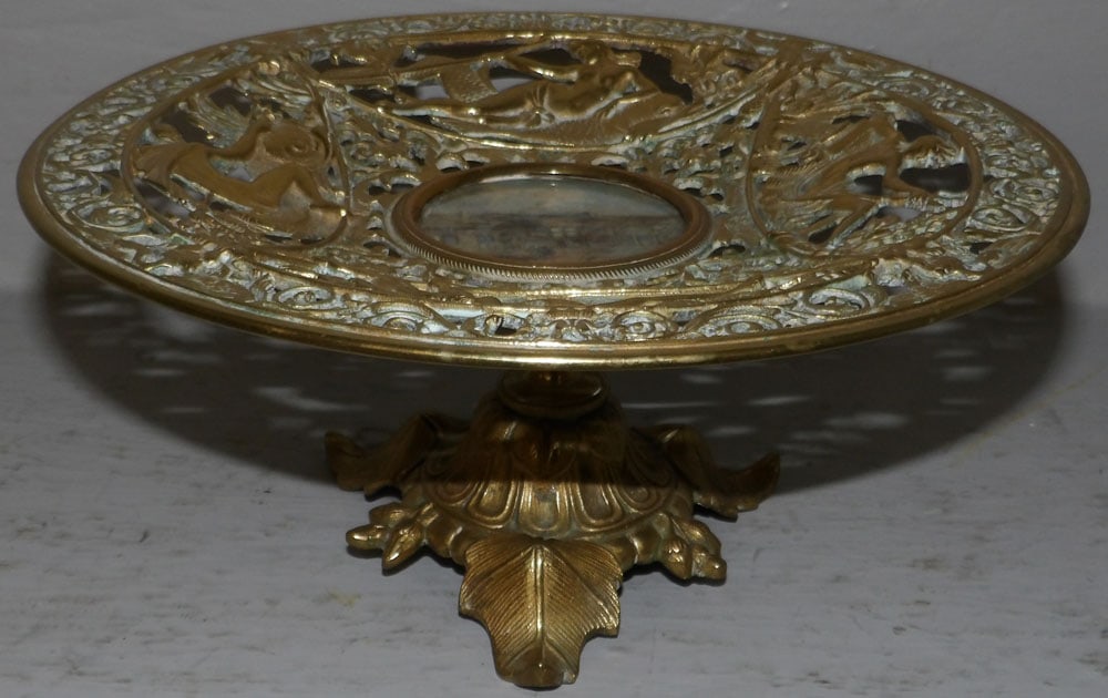 Open Work Brass Neoclassical Tazza with Painted Country Street Scene Center : Open Work Brass Neoclassical Tazza with Painted Country Street Scene Center . 4" H 8 1/2" Dia.