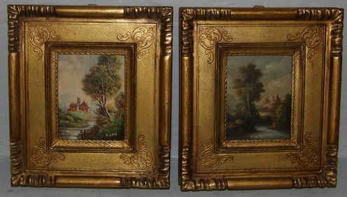 Two Small Italian Oil on Board Scenic Paintings Artist Signed in Ornate Frames