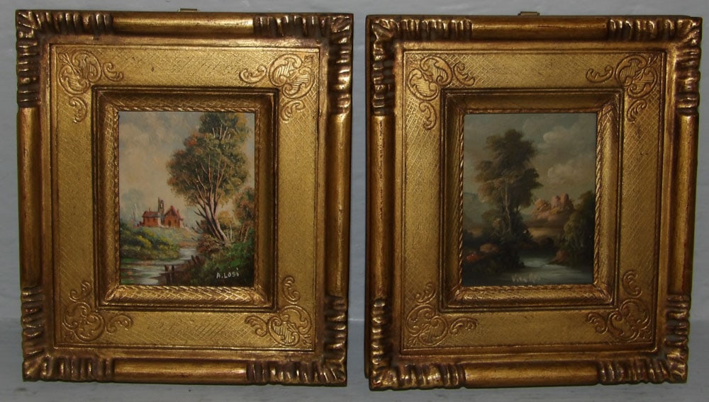 Two Small Italian Oil on Board Scenic Paintings Artist Signed in Ornate Frames  (1 of 4)