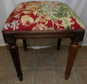 Carved Walnut & Needlepoint Top Stool