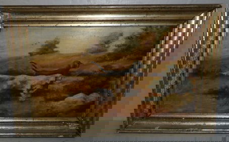 19th Century Oil on Board of Hunting Dogs Artist Signed