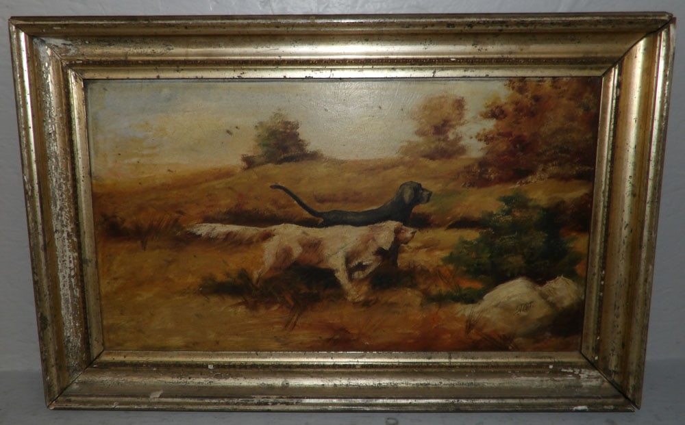 19th Century Oil on Board of Hunting Dogs Artist Signed  (1 of 4)