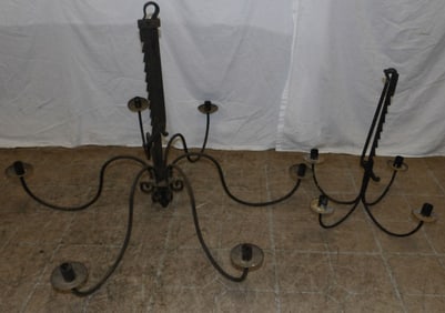 Two Antique Forged Iron Candle Chandeliers, (Four Light & Six Light)