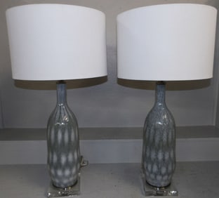 Pair of Modern Art Glass Vases Made Into Lamps with Lucite Bases