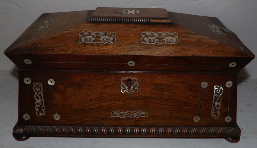 19th Century Sarcophagus Rosewood & Mother of Pearl Tea Caddy: 19th Century Sarcophagus Rosewood & Mother of Pearl Tea Caddy. 7" H 13 3/4" W 7 1/4" D