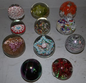 Lot of Eleven Art Glass Paperweights, Two Signed
