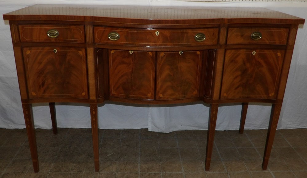 Mahogany Benchmade Fan & Bell Flower Inlaid Serpentine Front Sideboard  (1 of 13)