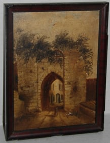 Antique Small Oil on Board of a European Villa Archway Signed on Back