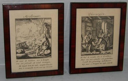 Two Small Framed Dutch Engravings of The Surgeon & The Miller by Jan Luyken