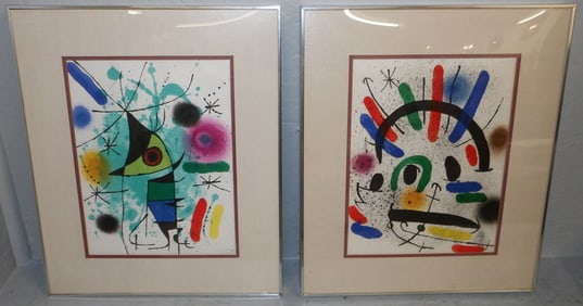Two Mid Century Modern Framed Colored Prints by Joan Miro