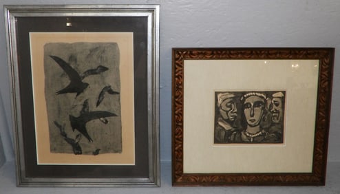 Two Mid Century Modern Framed Prints by Georges Rouault, (Les Visages & Birds in Flight)