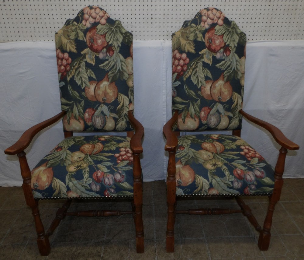 pair of chestnut and tapestry upholstered high back arm chairs  (1 of 7)