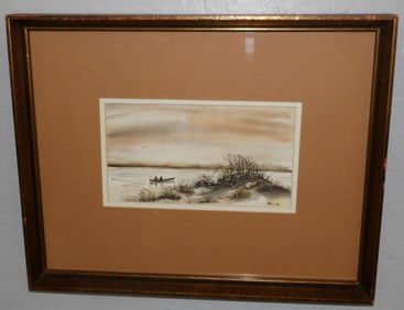 Framed Watercolor of Fisherman on the Lake Artist Signed