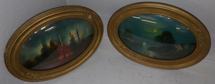 Pair of Antique Oil Paintings of Burning Fire & Cottage on Water Landscapes in Bubble Glass Frames