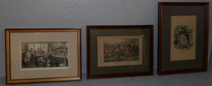 Three Framed Hand Colored Engravings Including ‘Doctor Syntax At Auction’
