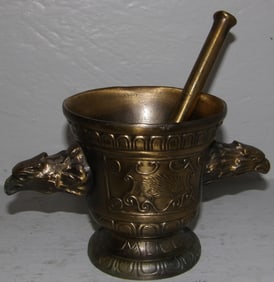 Ornate Brass Mortar & Pestle with Eagle Head Handles