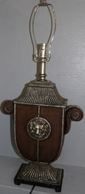 Large Silver Gilded Faux Leather Urn Form Lamp with Lion Head Accents