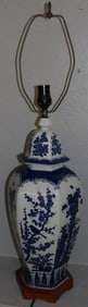 Oriental Blue & White Covered Temple Jar Urn Made Into Lamp with Bird Motif