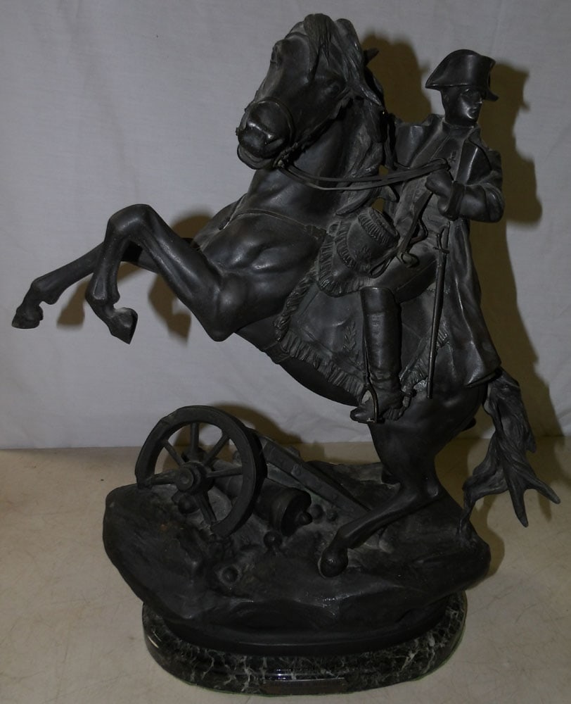 Spelter Napoleon Bonaparte on Horseback Statue on Marble Base with Brass Label: Spelter Napoleon Bonaparte on Horseback Statue on Marble Base with Brass Label. 20 1/2" H 15" W 7 1/2" D