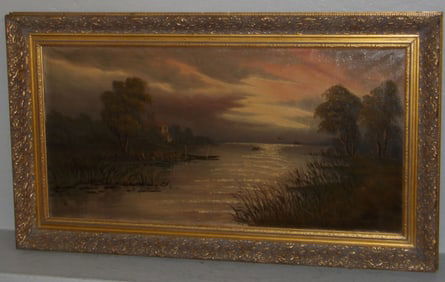 Antique Gilded Frame European Landscape Oil on Canvas of Sunset over Lake