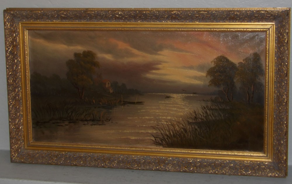 Antique Gilded Frame European Landscape Oil on Canvas of Sunset over Lake (1 of 6)