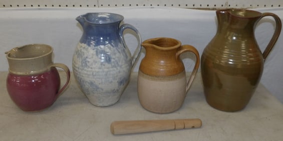 Four NC Art Pottery Pitchers Artist Signed, (Two Seagrove)