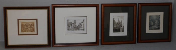Four Small Framed European Landmark Scenic Engravings (Belgium, Bulgaria, & Russia)