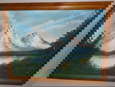 Oil on Canvas of Mountain and Lake Landscape - Artist Signed