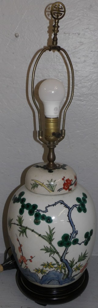 Antique Chinese Famille Rose Porcelain Ginger Jar made into Lamp: Antique Chinese Famille Rose Porcelain Ginger Jar made into Lamp. 27 1/2" H 8" Dia.