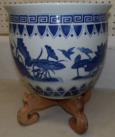 Oriental Blue & White Porcelain Jardiniere on Teakwood Stand