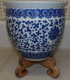 Oriental Blue & White Porcelain Jardiniere on Teakwood Stand