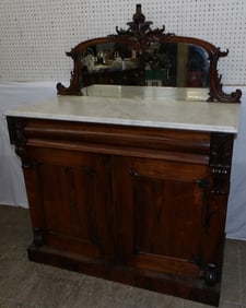 Carved Rosewood Victorian Marble Top Mirror Back Sideboard