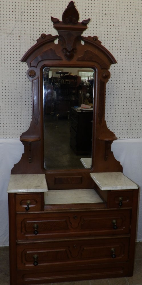 Antique Walnut Victorian Marble Top Dresser: Antique Walnut Victorian Marble Top Dresser. 86" H 40 1/2" W 17" D