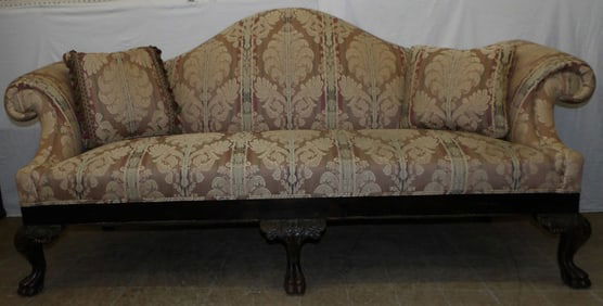Carved Mahogany & Upholstered Camel Back Sofa with Claw Feet