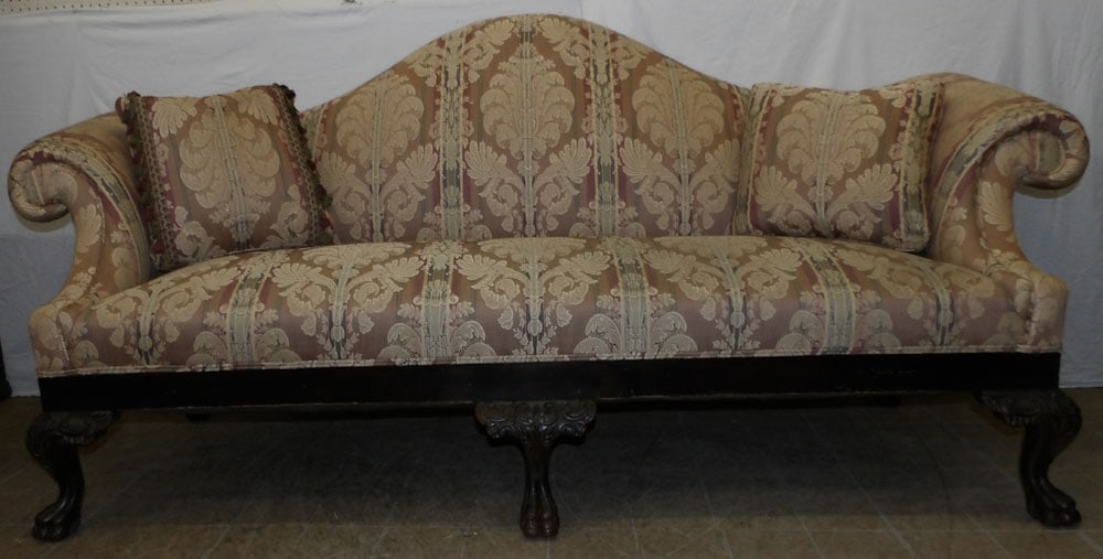 Carved Mahogany & Upholstered Camel Back Sofa with Claw Feet  (1 of 8)