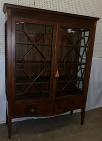 Antique Mahogany Pinwheel Inlaid Glass Door Cabinet