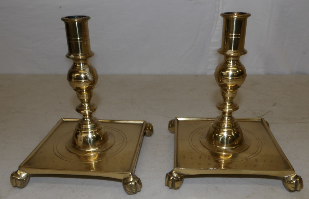 Pair of Brass Square Base Candlesticks  (1 of 4)