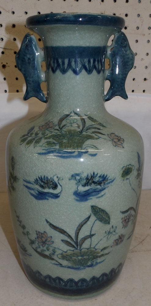 Painted Oriental Porcelain Urn Made For Lamp with Fish Handles (1 of 4)