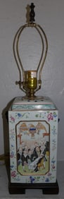 Painted Oriental Porcelain Covered Urn Made Into Lamp, (One Handle Damaged)
