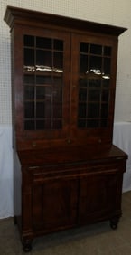 19th Century Crotch Mahogany Two Piece Empire Secretary with Glass Doors