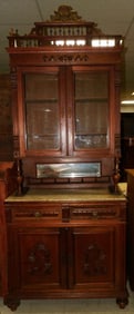 Antique Carved Walnut Three Piece Marble Top German Cupboard with Glass Doors