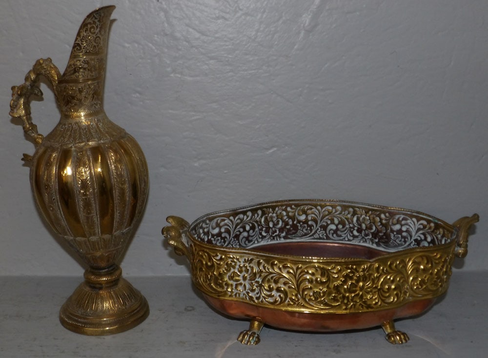Brass Figural Handle Ewer & Brass & Copper Jardiniere with Eagle Handles : Brass Figural Handle Ewer & Brass & Copper Jardiniere with Eagle Handles . 13 1/2" H 6" W 5" D