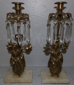 Pair of Antique Brass Figural Girandole Candlesticks with Marble Bases